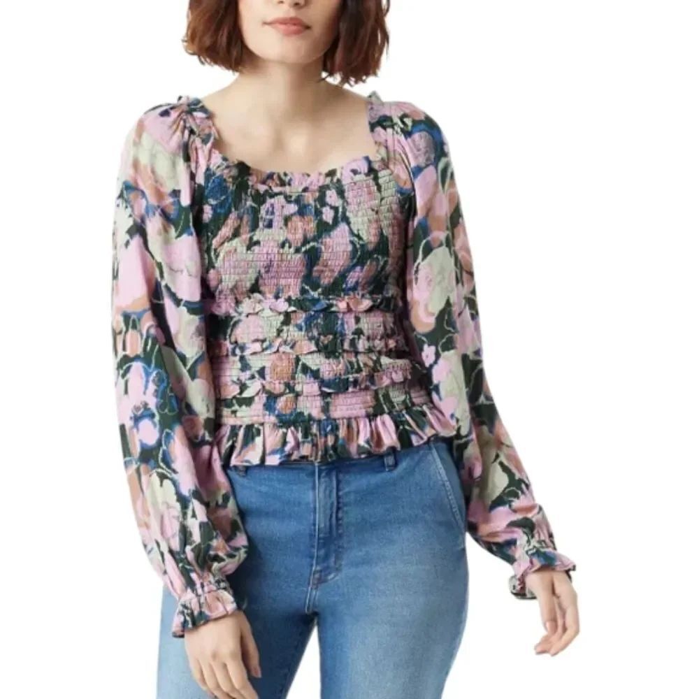Sam EdelmanWomen's Misha Printed Smocked Ruffle Top Floral Blouse Long Sleeves